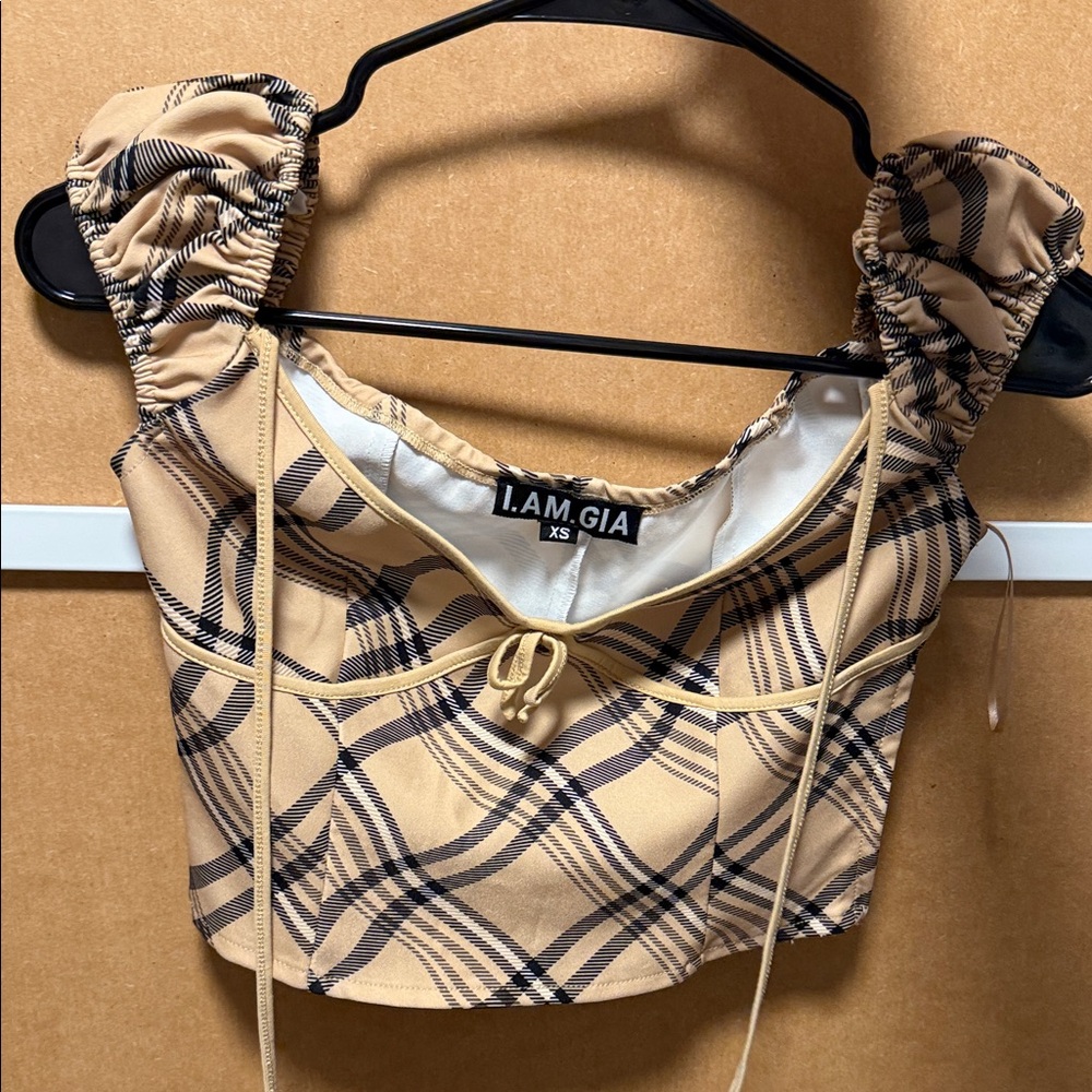 I.AM.GIA Tan Plaid Crop Top